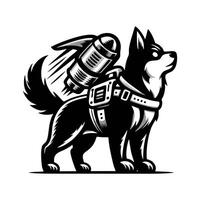 A black and white dog with a rocket strapped to its back vector
