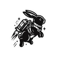 A black and white image of a rabbit with a rocket vector