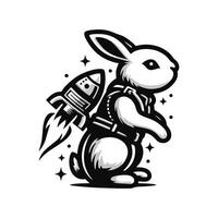 A black and white logo of a rabbit with a rocket vector