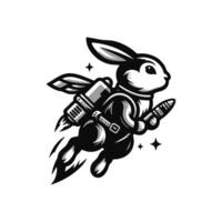 A black and white image of a rabbit in a space suit vector