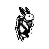 A black and white logo of a rabbit with a rocket vector