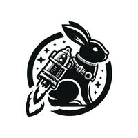 A black and white logo of a rabbit with a rocket vector