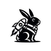 A black and white rabbit with a rocket strapped to its back vector