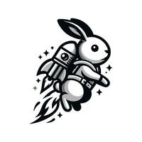 A black and white cartoon rabbit with a rocket vector