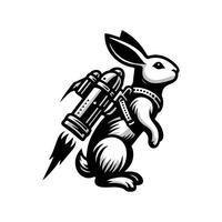 A black and white image of a rabbit with a rocket vector
