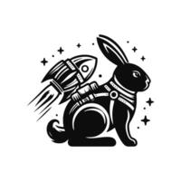 A black and white logo of a rabbit with a rocket vector