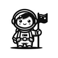 A black and white cartoon astronaut holding a flag vector