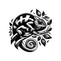 Chameleon on a branch with leaves and flowers vector