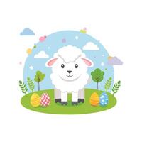 Simple Illustration Cute Lamb in a Meadow with Easter Decorations vector