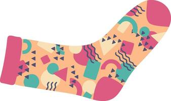 Single sock laying horizontally showing a colorful geometric memphis design with various triangles, circles, squares and wavy lines, evoking eighties fashion trends vector
