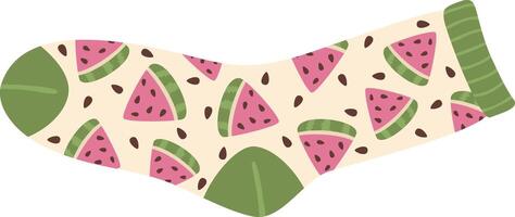 Colorful sock featuring a delightful pattern of cheerful watermelon slices and seeds, infusing any outfit with a playful touch of summery fun and vibrant style vector