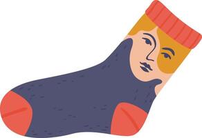 Cozy and playful sock featuring a unique human face design, adding a touch of whimsy to everyday winter attire and bringing warmth and comfort vector