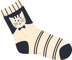 Beige sock featuring playful black stripes and an adorable cat face adorned with a charming bow tie, adding a whimsical touch and fun flair to any outfit choice vector