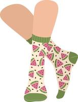 Legs wearing socks with watermelon pattern showing relaxing and enjoying free time at home, cozy atmosphere, summer vibes, fashion and lifestyle concept vector