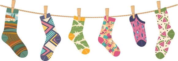 Colorful socks featuring a variety of playful patterns and designs are hanging on a clothesline, infusing the scene with whimsy and a sense of individuality vector