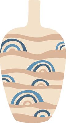 Modern minimalist beige vase with blue rainbows and wavy lines representing water is standing on white background, perfect for interior design and home decor
