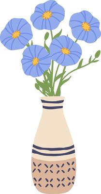 Five light blue flowers with yellow center and green stems are standing in a beige vase decorated with blue lines and crosses, isolated illustration on a white background