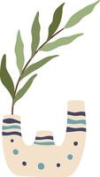 Minimalist illustration of a green branch growing from an oddly shaped beige vase with blue decorations, isolated on a white background, perfect for home decor projects or as a design element vector