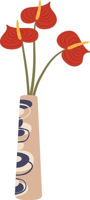 Three red anthurium flowers with yellow pistils standing in a beige ceramic vase decorated with blue and light brown circles on a white background