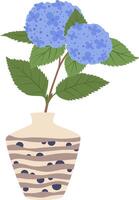 Two blue hydrangea flowers with green leaves standing in a beige vase with stripes and dots decorations, isolated on white background, home decoration, simple and elegant design vector