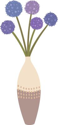 Five purple spherical allium flowers with green stems standing in a beige and brown dotted vase, creating a stylish and elegant floral arrangement against a clean white backdrop