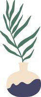 Minimalist illustration of a single green leaf placed in a modern vase with abstract decoration, perfect for home decor and interior design projects vector