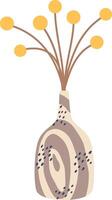 Stylish modern ceramic vase with abstract pattern holding decorative yellow flowers with long stems, creating cozy and artistic atmosphere on plain white background vector