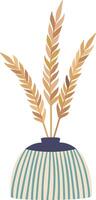 Three stylized wheat branches with long stems standing inside a blue and beige striped vase, bringing a touch of nature and rustic charm to interior design vector