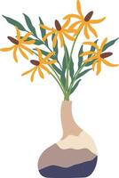 Bouquet of yellow flowers with green leaves standing in a modern vase with an abstract design, creating a stylish and artistic home decoration vector