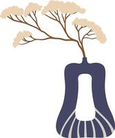 Minimalist illustration of a beige tree branch with small light flowers inside a modern designed blue vase with a hole and white stripes, isolated on a white background vector