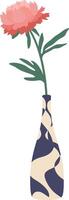 Minimalist still life of single pink peony blossom in a tall, thin vase with modern abstract pattern isolated on a white background, creating a simple yet elegant composition vector
