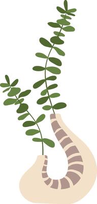 Two fresh eucalyptus branches growing in a modern striped vase, enhancing a stylish and minimalist home decor element, adding a touch of elegance and natural beauty to any space