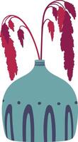 Two stems of red amaranth flowers are displayed in a decorative turquoise vase with purple lines and dots, creating a simple yet elegant floral arrangement vector