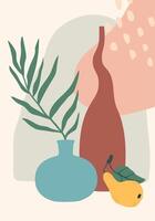 Minimalist still life composition balancing organic shapes with geometric forms, featuring a vase with a plant, a bottle, and a pear, creating a serene and artistic atmosphere vector