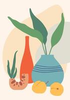 Modern and colorful still life composition featuring plants, vases and fruits over an abstract background, perfect for home decor, wall art and design projects vector