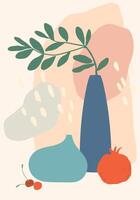 Modern and colorful still life composition featuring a plant in a vase, a pomegranate, cherries, another vase and abstract shapes in pastel colors creating a decorative and artistic scene vector