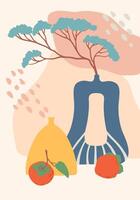 Minimalist still life composition featuring a persimmon, a bonsai tree in a blue vase, a yellow vase, and abstract shapes creating a modern and artistic aesthetic vector