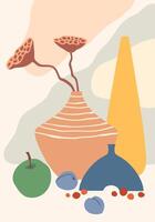 Colorful still life composition featuring dried lotus flowers in a vase, an apple, plums, and abstract shapes, creating a modern and artistic arrangement vector