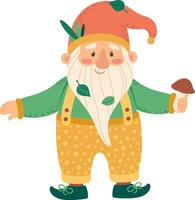 Cheerful gnome with a long white beard adorned with leaves, holding a vibrant mushroom while wearing a red pointy hat and sporting a joyful smile, embodies a whimsical fairytale character vector