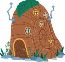 Charming and unusual snail shell shaped house stands amidst greenery, featuring a large leaf roof, whimsical chimneys, round windows, and a wooden door, creating a magical and inviting atmosphere vector