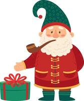 Cartoon illustration featuring a cheerful Christmas gnome, smoking a pipe while proudly presenting a green wrapped gift adorned with a red ribbon, set against a clean white background vector
