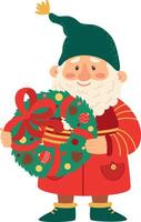 Christmas gnome featuring a long white beard, dressed in a red coat and green hat, joyfully holding a festive wreath adorned with a red ribbon, colorful balls, pine cones, and a gift box vector