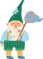 Cute gnome with butterfly net and a butterfly on his hat is catching butterflies and smiling in a spring garden, illustration isolated on white background vector
