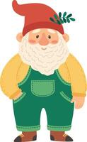 Cheerful garden gnome with a long white beard, dressed in green overalls, a yellow shirt, and a red pointed hat, standing with one hand in his pocket and smiling vector