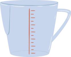 Transparent glass or plastic measuring cup featuring a handle and a red measuring scale, providing an easy way to accurately measure ingredients for cooking and baking tasks vector