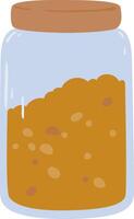 Crunchy peanut butter filling half of a glass jar with a wooden lid, featuring a simple illustration set against a clean white background, emphasizing its delicious, nutty appeal vector