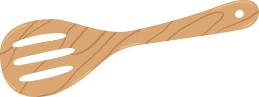 Simple illustration of a wooden slotted spoon with a hole for hanging, lying horizontally, isolated on a white background, ideal for cooking and food related designs vector