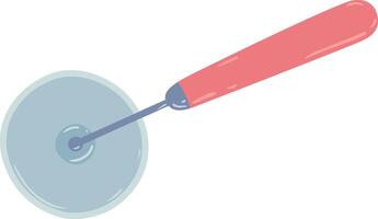 Round pizza cutter with a pink handle slicing through a delicious pizza, featuring a simple illustration against a clean white background vector