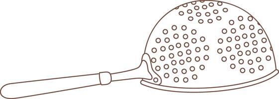 Simple line drawing featuring a brown kitchen strainer, showcasing round holes and a long handle, perfect for filtering ingredients and efficiently draining liquids vector
