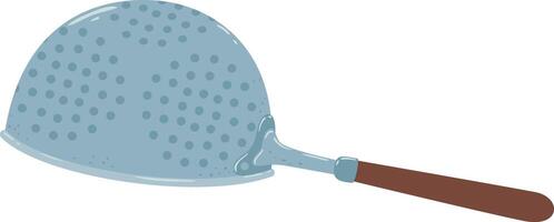 Kitchen utensil featuring a hemispherical metal bowl with small holes for draining excess water or separating solids from liquids, attached to a wooden handle for easy gripping and maneuvering vector